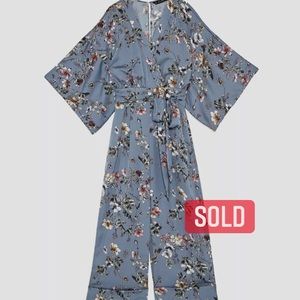 Zara Blue Floral Kimono Jumpsuit Slit Back NWT M